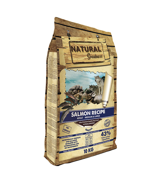 Pienso seco Natural Greatness Receta Salmon medium y large para perro